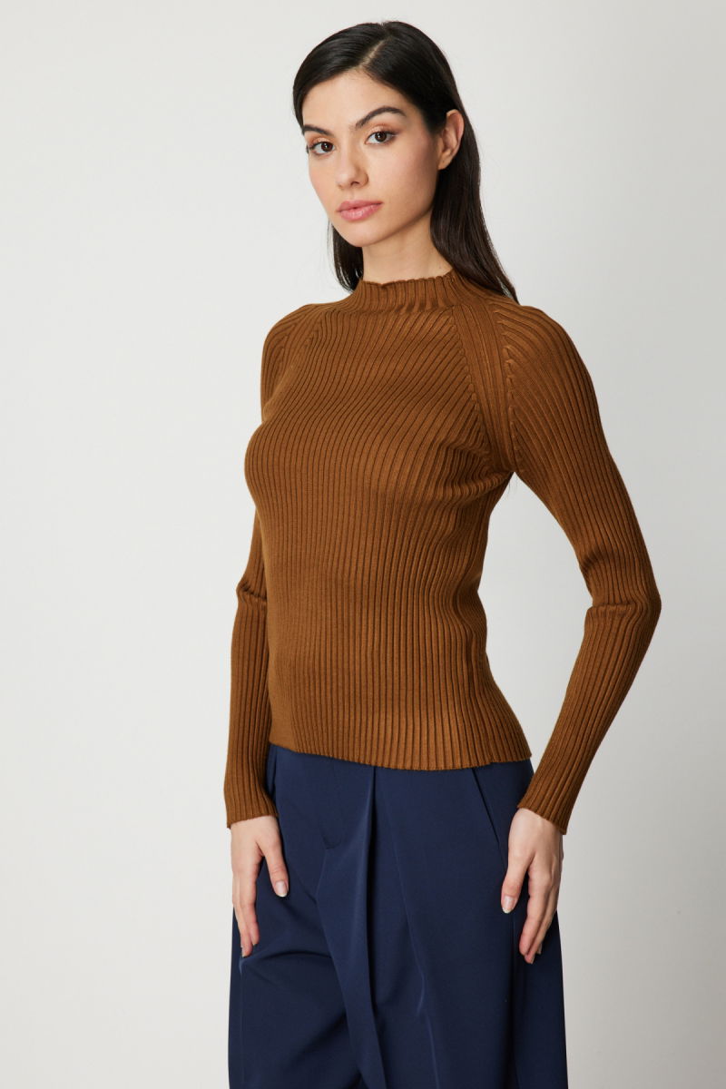 On Kadın Dik Yaka Fitilli Triko Kazak 60357 Kahverengi - 2