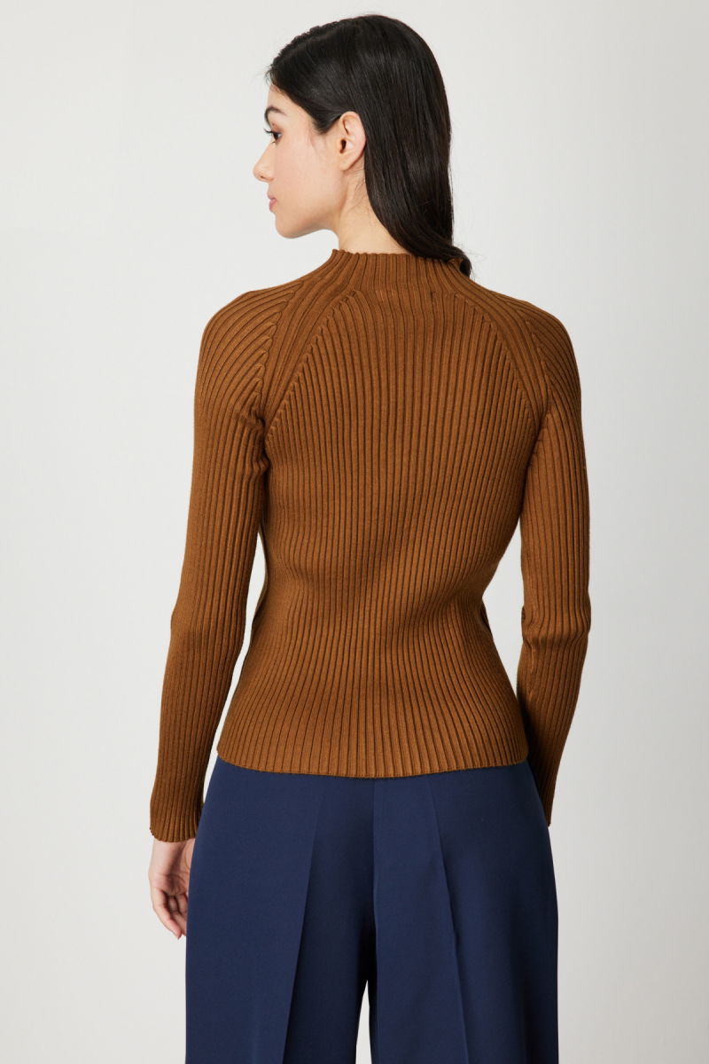 On Kadın Dik Yaka Fitilli Triko Kazak 60357 Kahverengi - 3