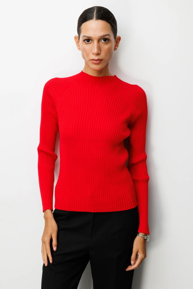 On Kadın Dik Yaka Fitilli Triko Kazak 60357 Kırmızı - On