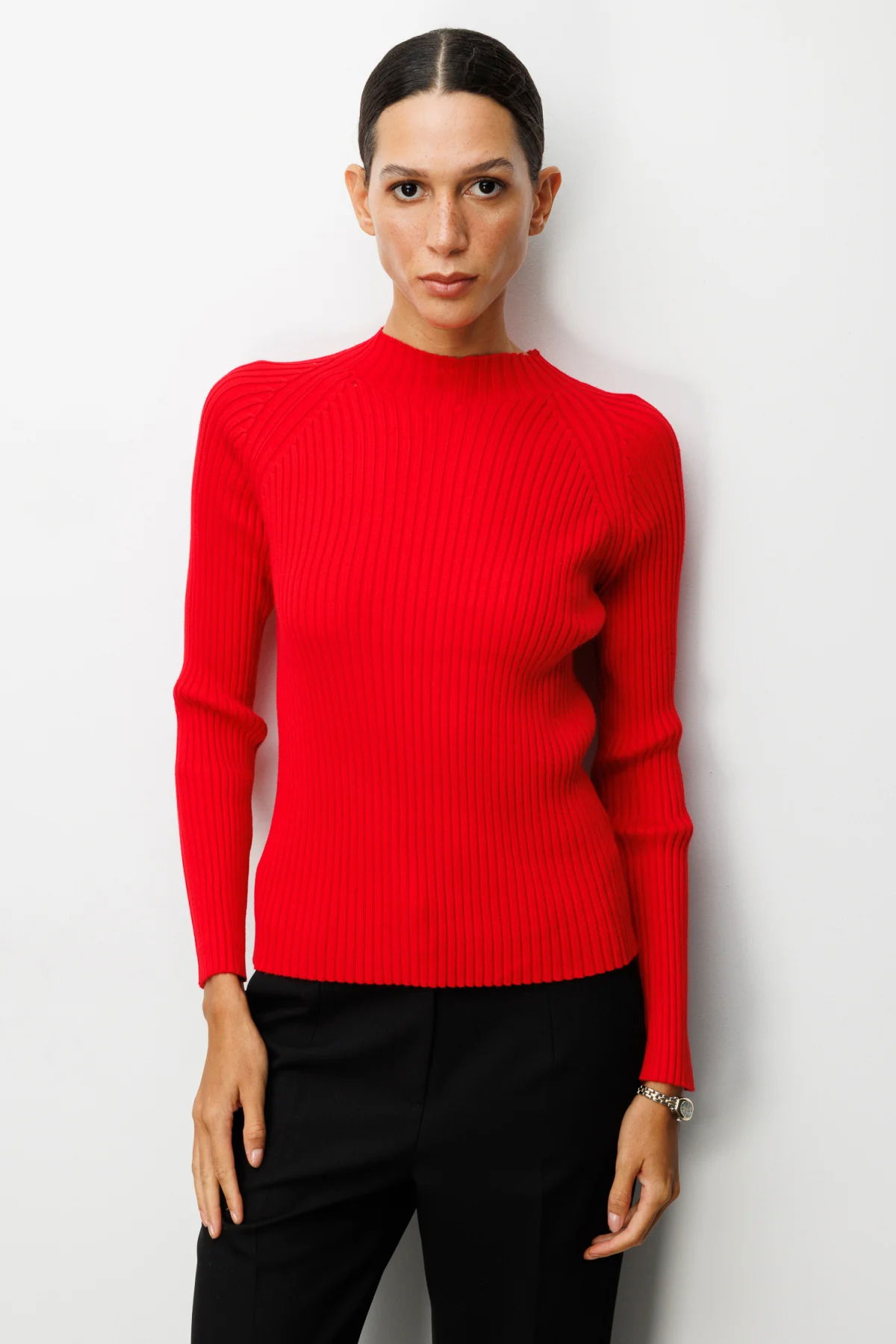 On Kadın Dik Yaka Fitilli Triko Kazak 60357 Kırmızı - 1