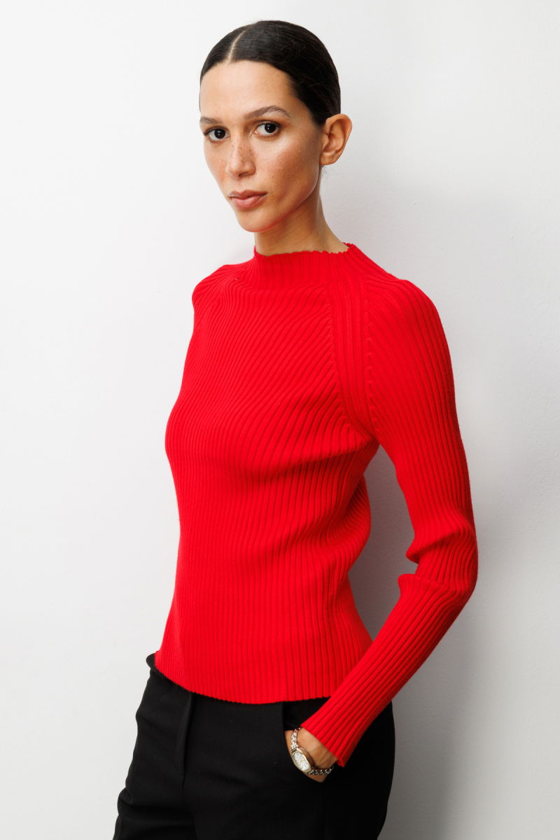 On Kadın Dik Yaka Fitilli Triko Kazak 60357 Kırmızı - 2