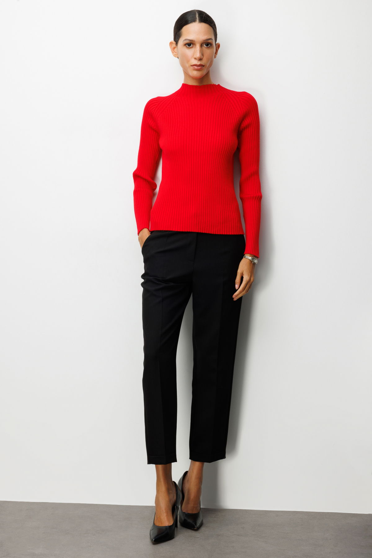 On Kadın Dik Yaka Fitilli Triko Kazak 60357 Kırmızı - 3