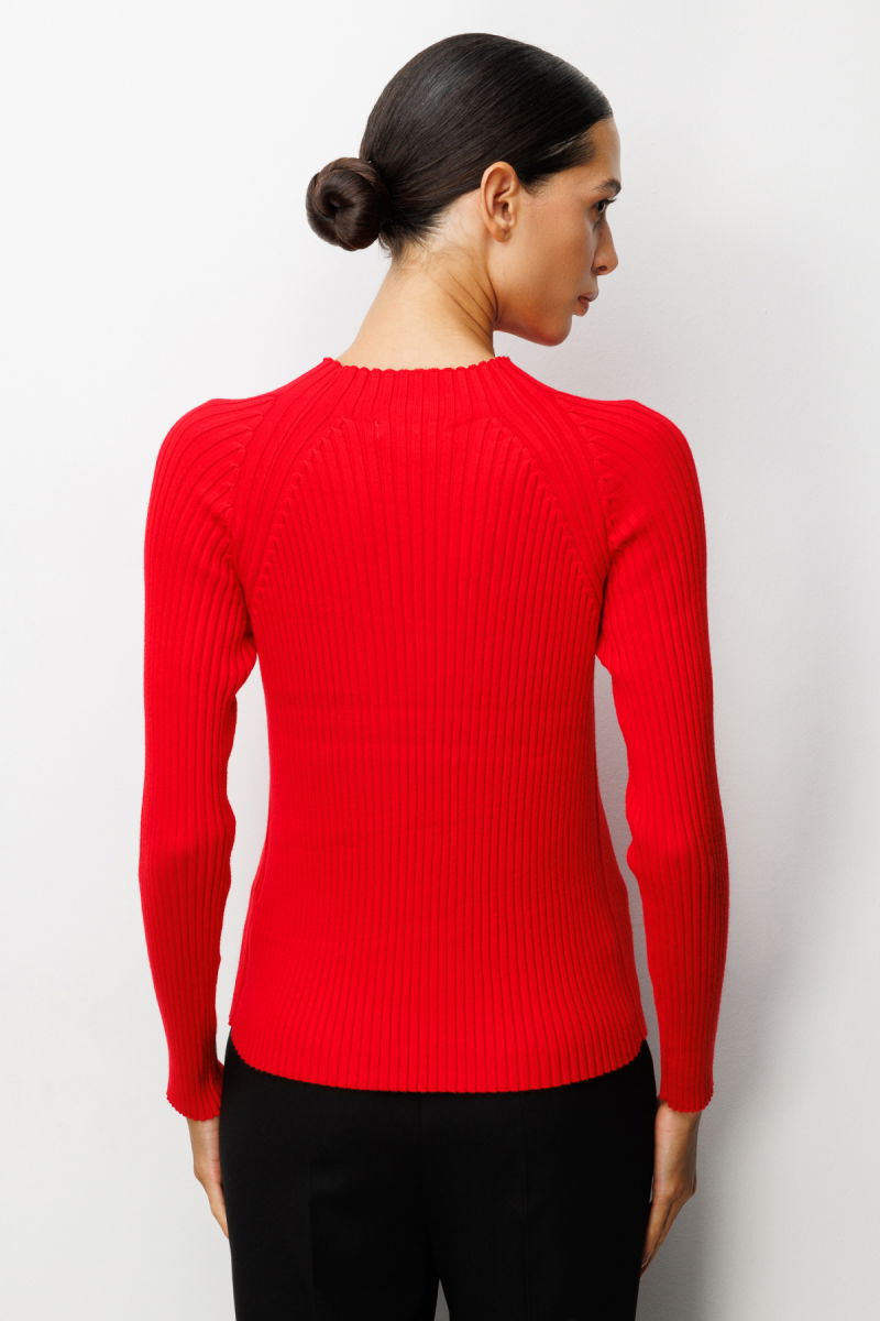 On Kadın Dik Yaka Fitilli Triko Kazak 60357 Kırmızı - 4