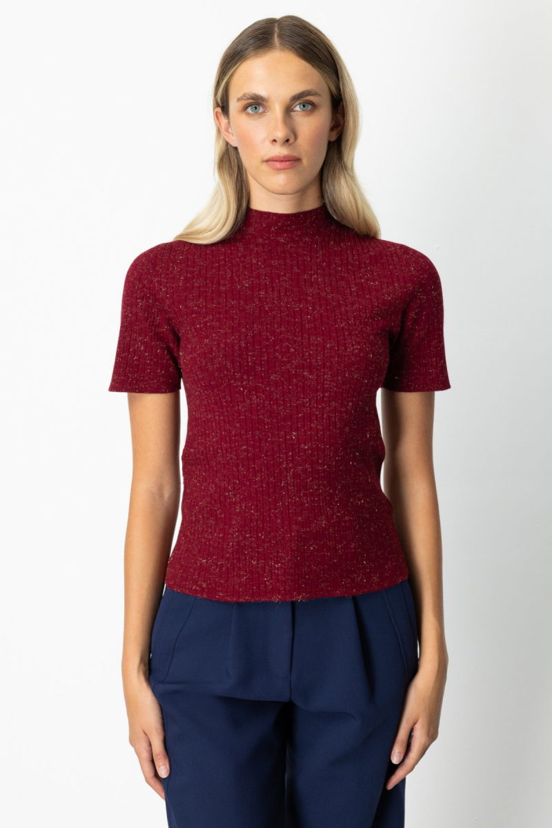 On Kadın Dik Yaka Kısa Kollu Triko Kazak 69302 Bordo - On