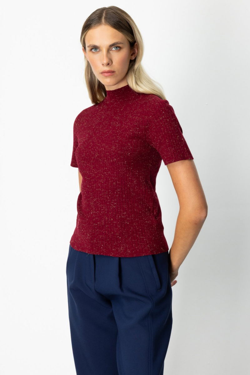 On Kadın Dik Yaka Kısa Kollu Triko Kazak 69302 Bordo - 2