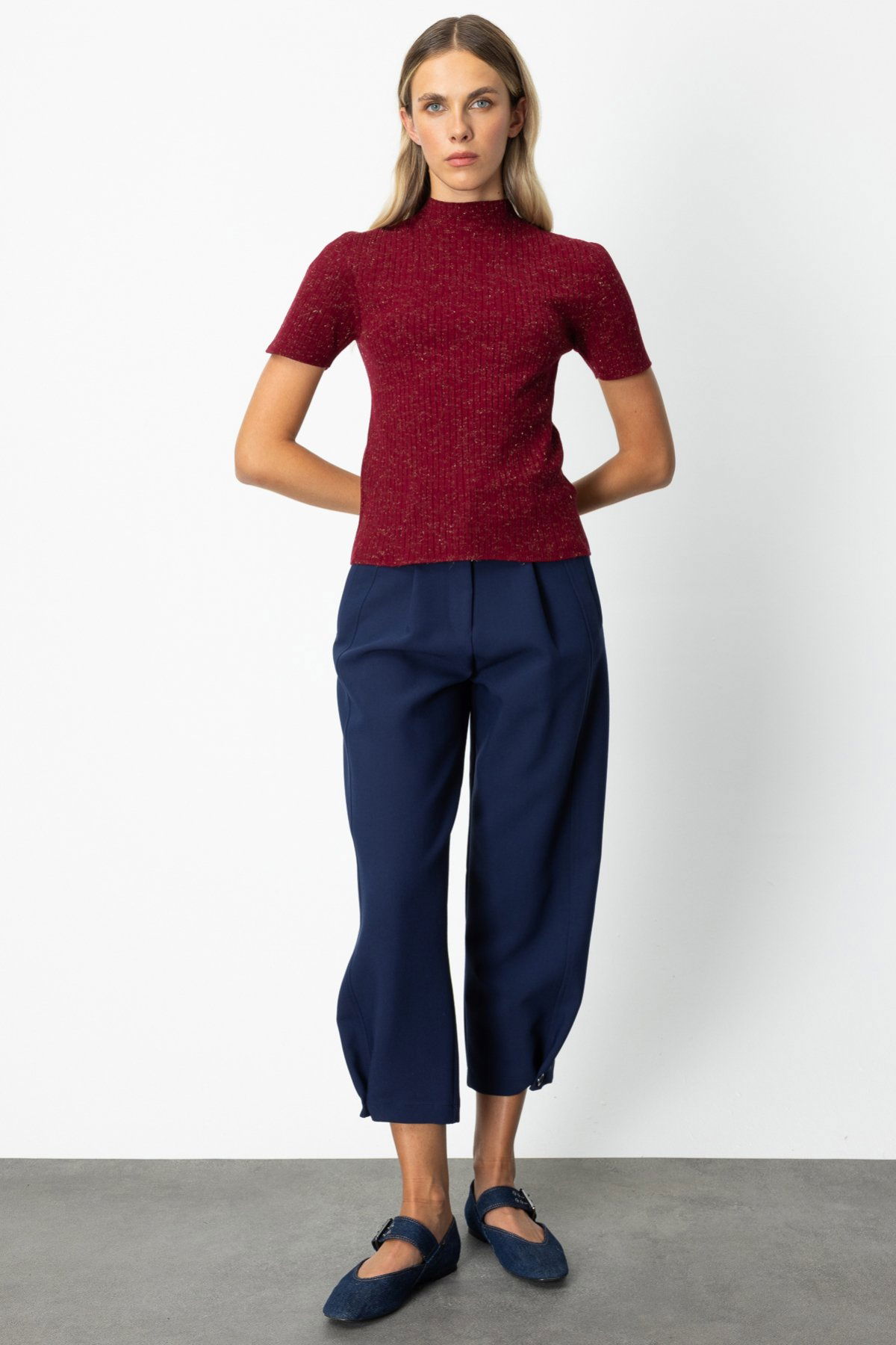 On Kadın Dik Yaka Kısa Kollu Triko Kazak 69302 Bordo - 3