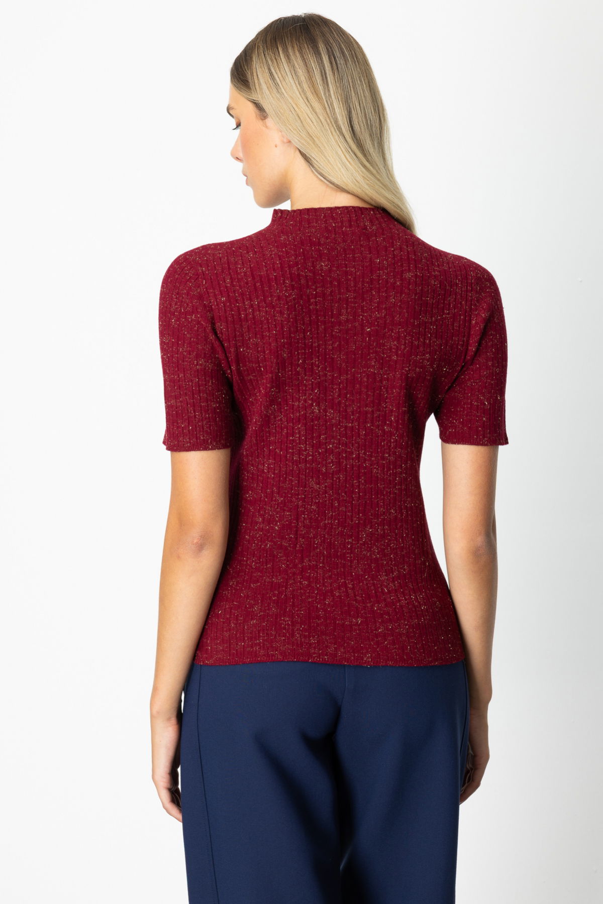 On Kadın Dik Yaka Kısa Kollu Triko Kazak 69302 Bordo - 4