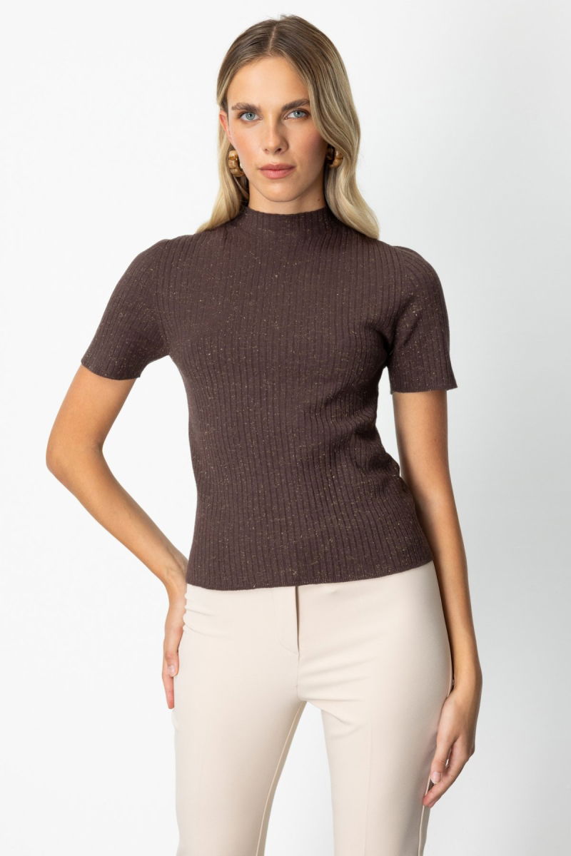 On Kadın Dik Yaka Kısa Kollu Triko Kazak 69302 Kahverengi - On