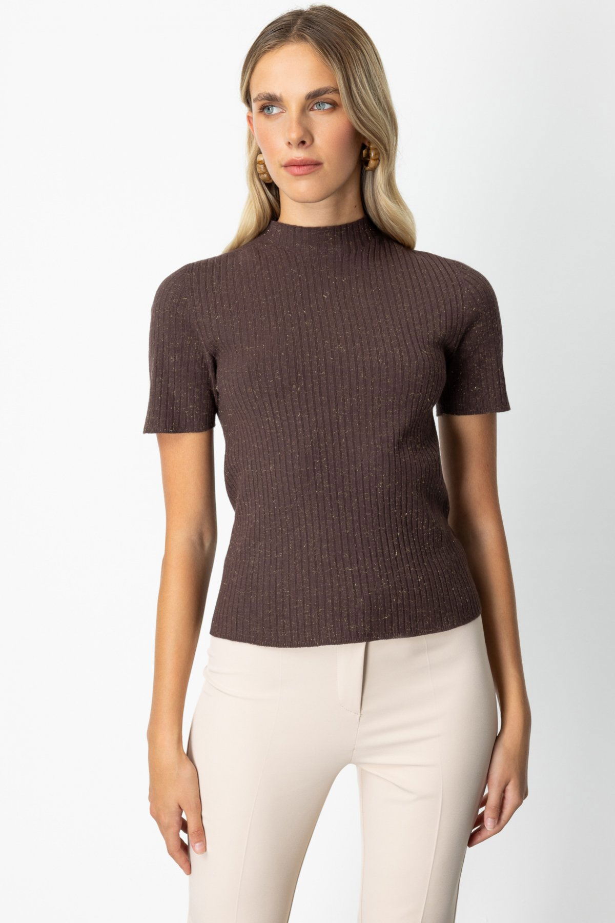On Kadın Dik Yaka Kısa Kollu Triko Kazak 69302 Kahverengi - 2