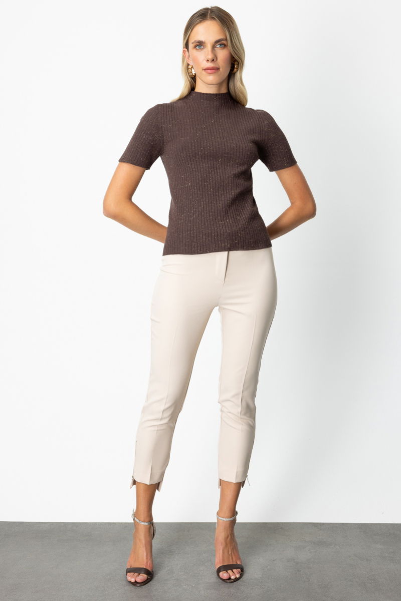 On Kadın Dik Yaka Kısa Kollu Triko Kazak 69302 Kahverengi - 3