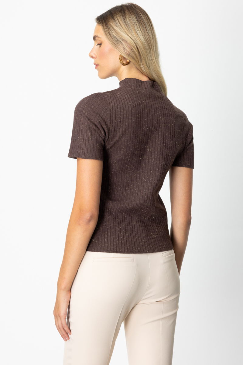 On Kadın Dik Yaka Kısa Kollu Triko Kazak 69302 Kahverengi - 4