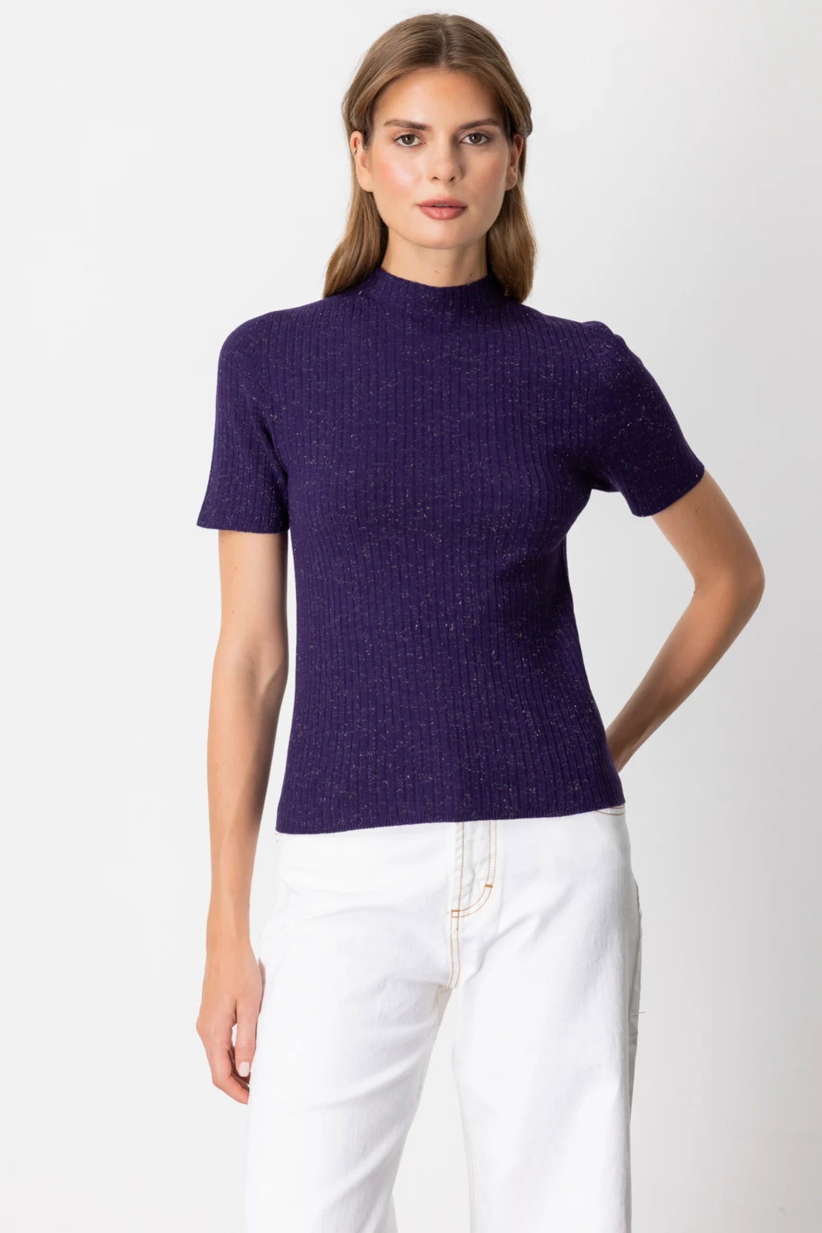 On Kadın Dik Yaka Kısa Kollu Triko Kazak 69302 Mor - 1
