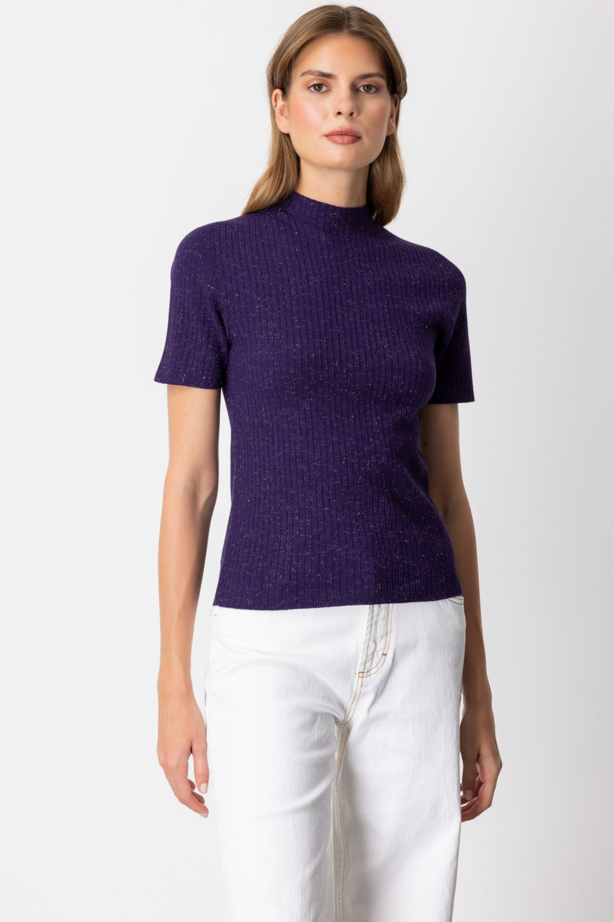 On Kadın Dik Yaka Kısa Kollu Triko Kazak 69302 Mor - 2