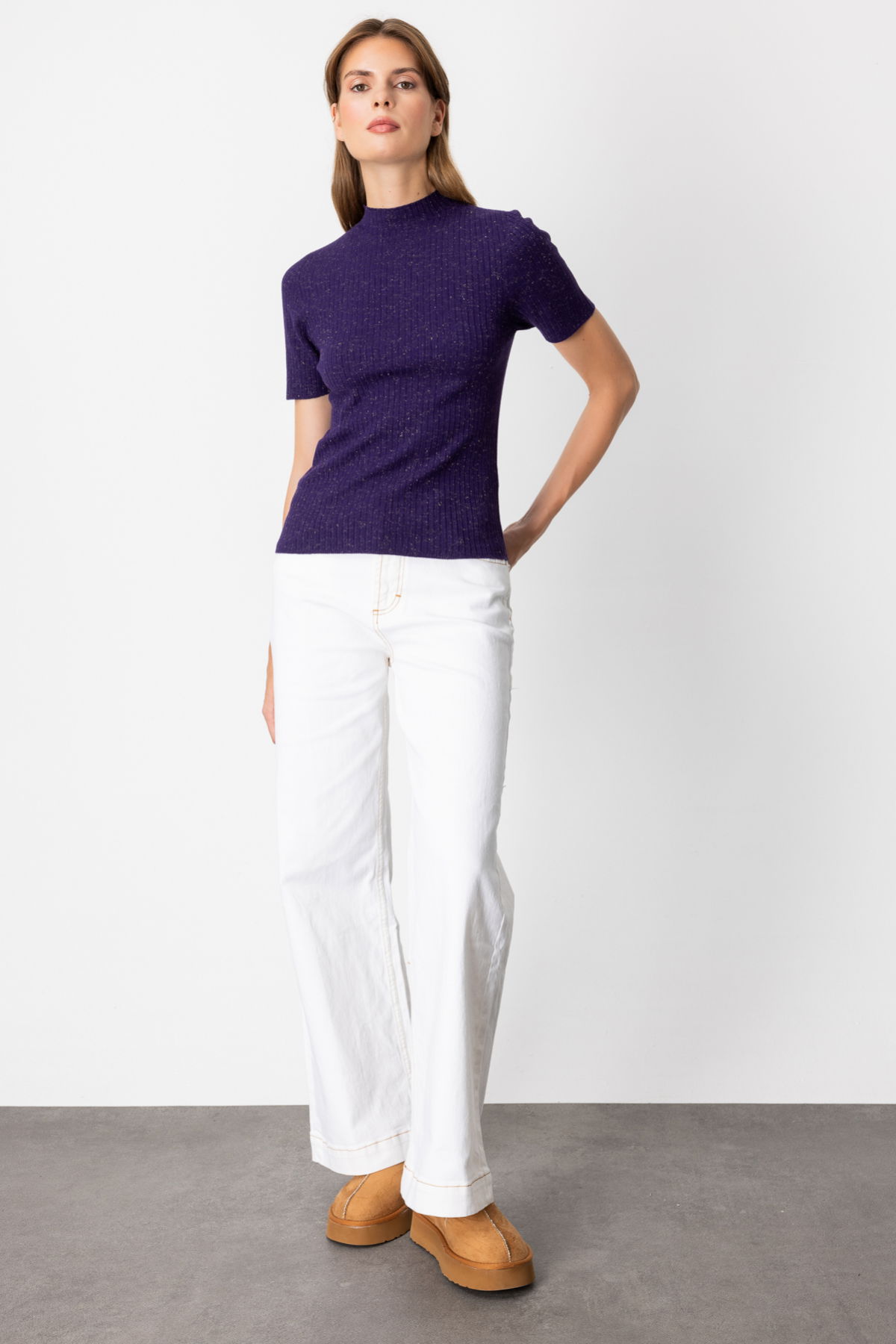 On Kadın Dik Yaka Kısa Kollu Triko Kazak 69302 Mor - 3