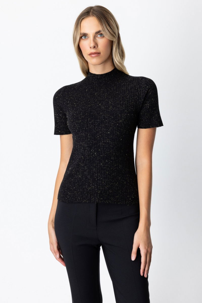 On Kadın Dik Yaka Kısa Kollu Triko Kazak 69302 Siyah - On
