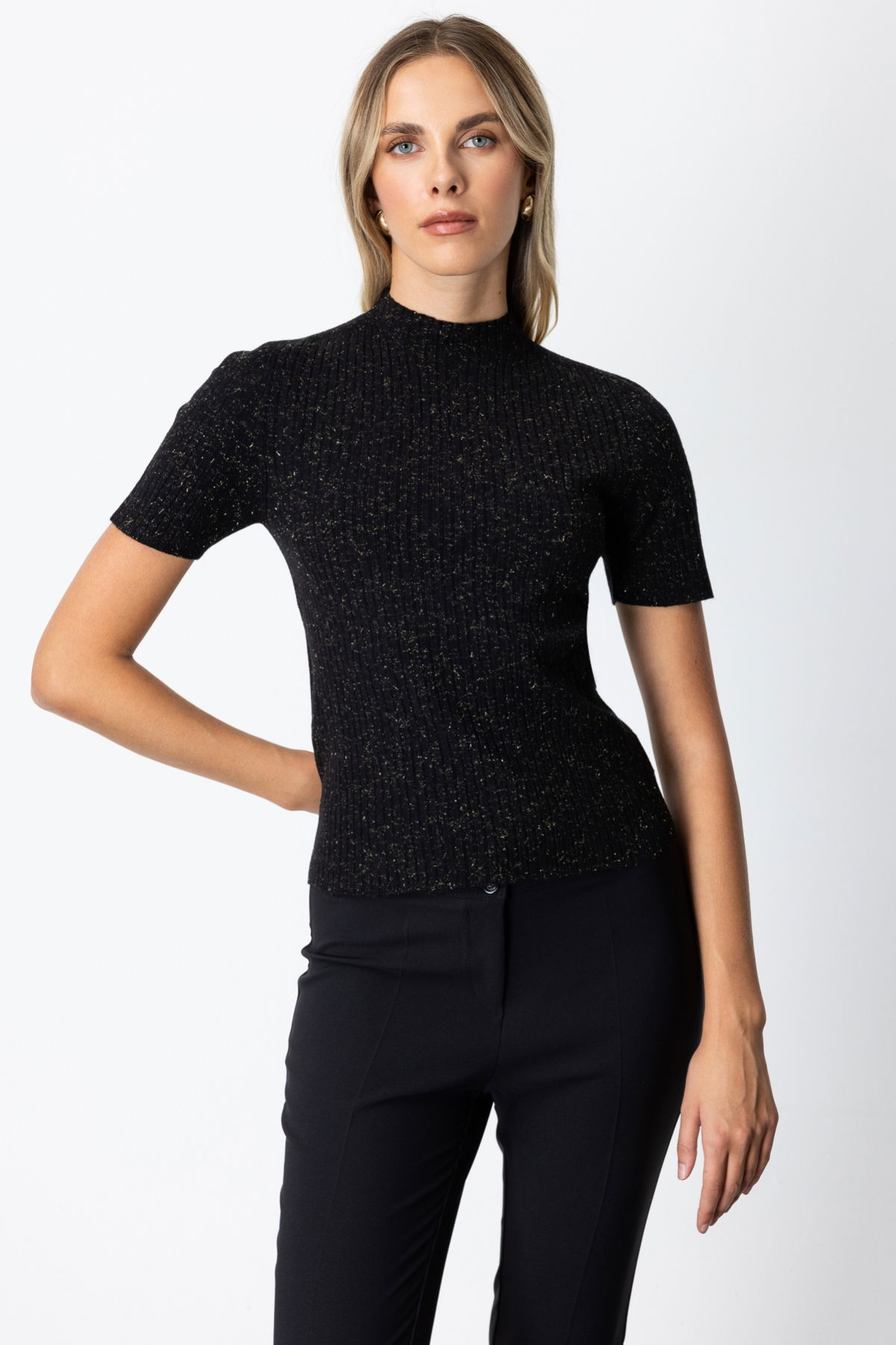 On Kadın Dik Yaka Kısa Kollu Triko Kazak 69302 Siyah - 2