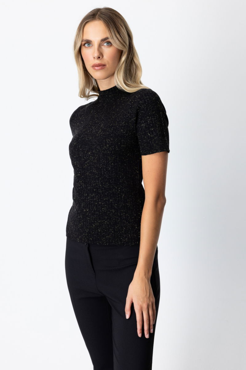 On Kadın Dik Yaka Kısa Kollu Triko Kazak 69302 Siyah - 3