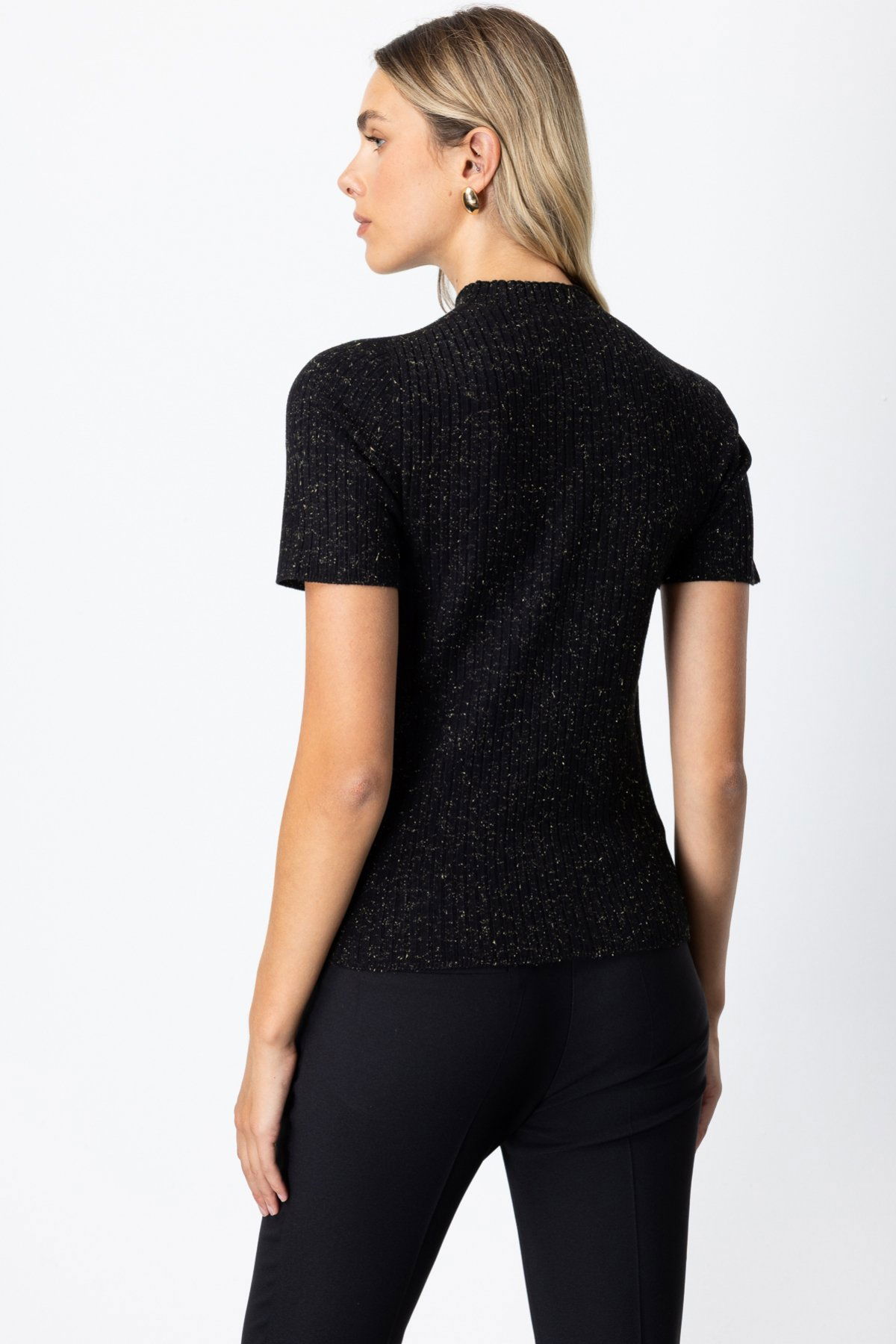 On Kadın Dik Yaka Kısa Kollu Triko Kazak 69302 Siyah - 4