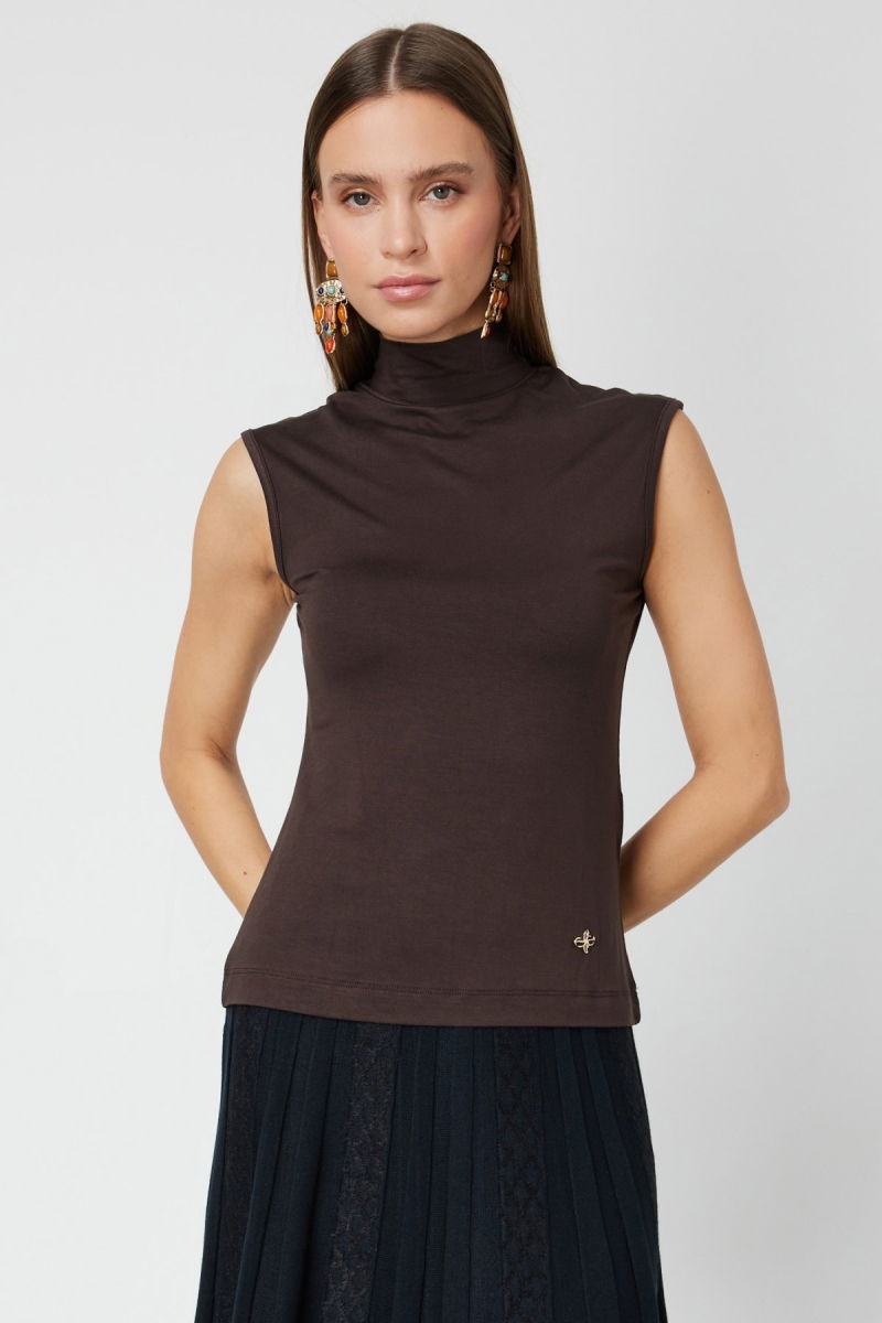 On Kadın Dik Yaka Kolsuz Basic Bluz 61432 Kahverengi - On