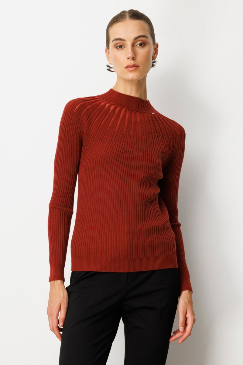 On Kadın Dik Yaka Tül Detaylı Triko Kazak 60384 Bordo - On