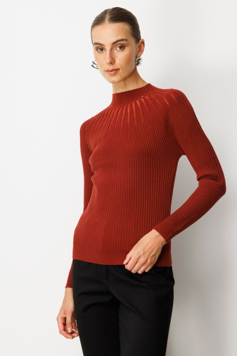 On Kadın Dik Yaka Tül Detaylı Triko Kazak 60384 Bordo - 2