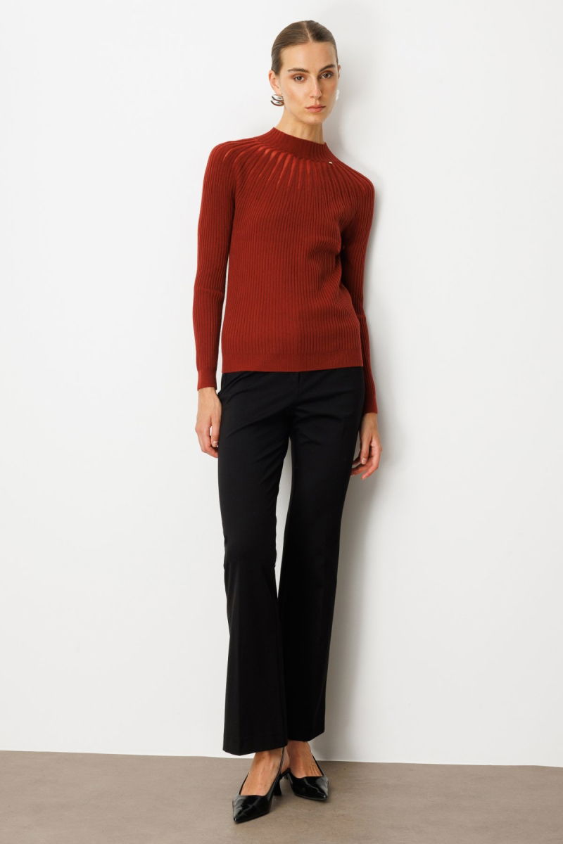 On Kadın Dik Yaka Tül Detaylı Triko Kazak 60384 Bordo - 3