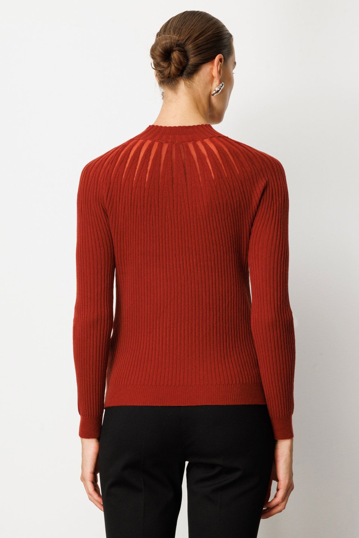 On Kadın Dik Yaka Tül Detaylı Triko Kazak 60384 Bordo - 4