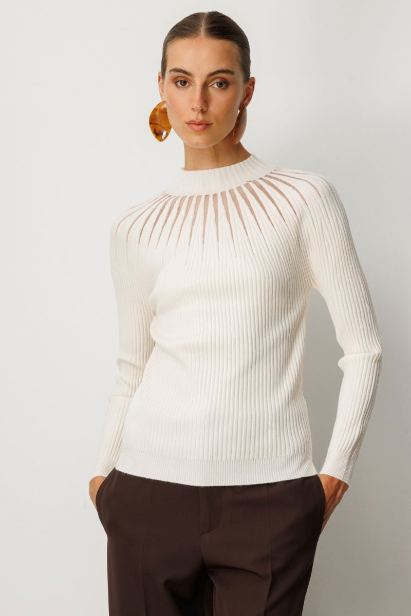 On Kadın Dik Yaka Tül Detaylı Triko Kazak 60384 Ekru - On