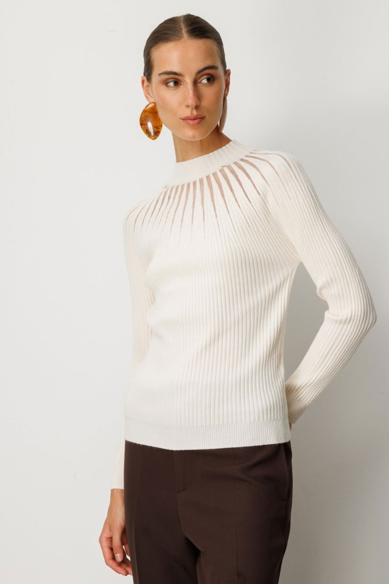 On Kadın Dik Yaka Tül Detaylı Triko Kazak 60384 Ekru - 2