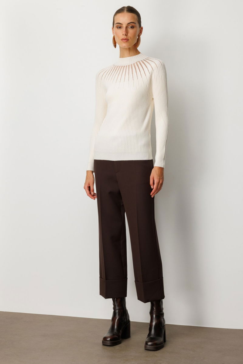 On Kadın Dik Yaka Tül Detaylı Triko Kazak 60384 Ekru - 3