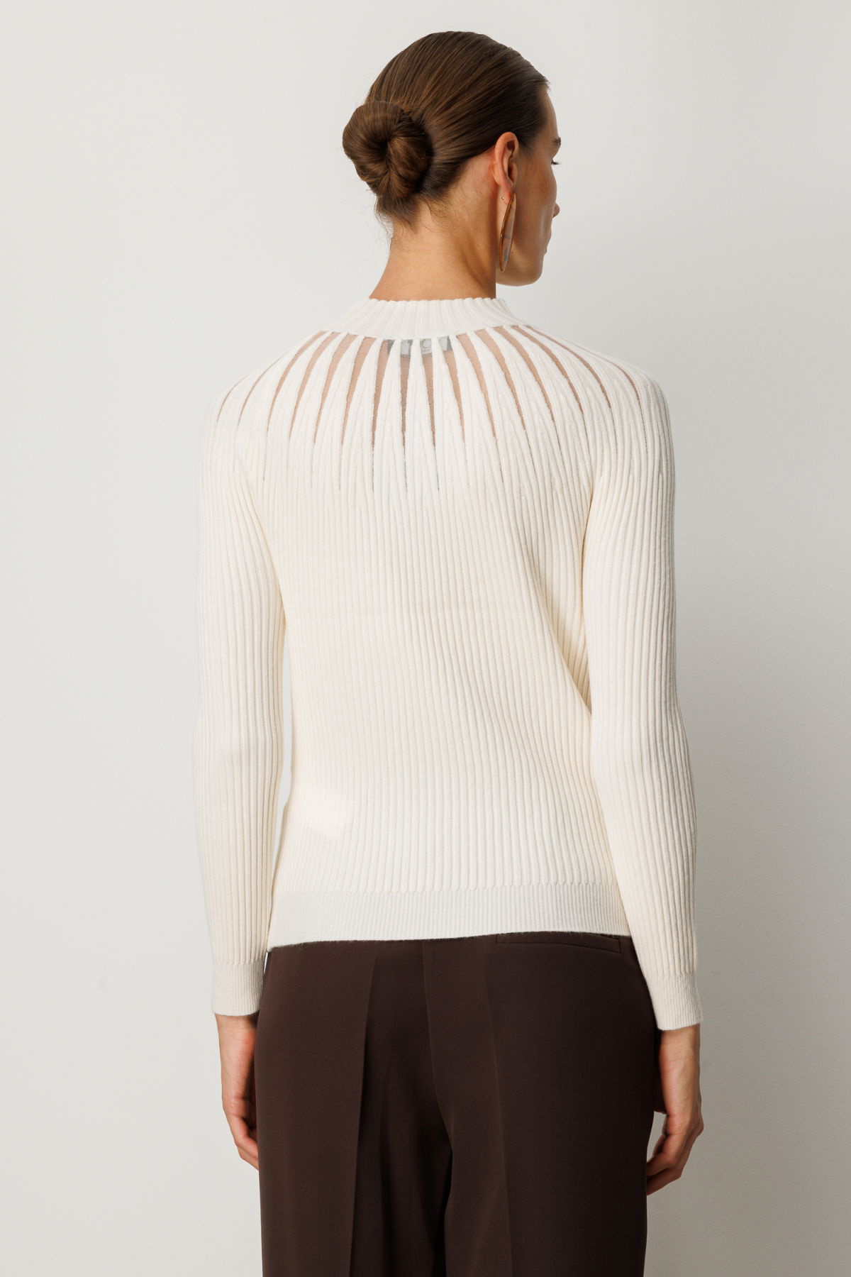 On Kadın Dik Yaka Tül Detaylı Triko Kazak 60384 Ekru - 4