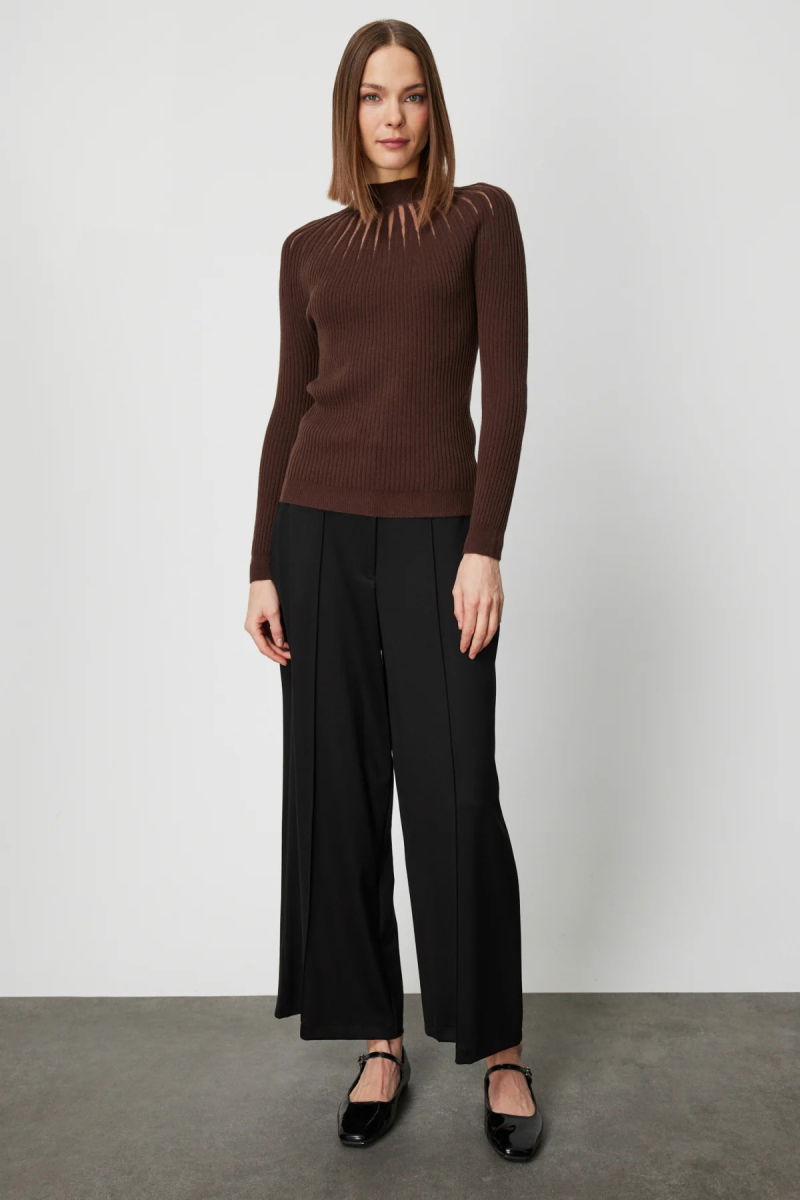 On Kadın Dik Yaka Tül Detaylı Triko Kazak 60384 Kahverengi - 2