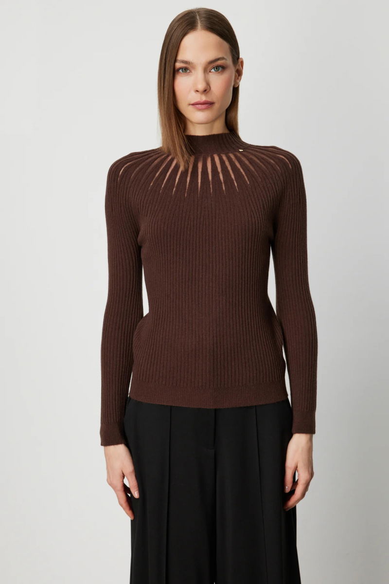 On Kadın Dik Yaka Tül Detaylı Triko Kazak 60384 Kahverengi - 3