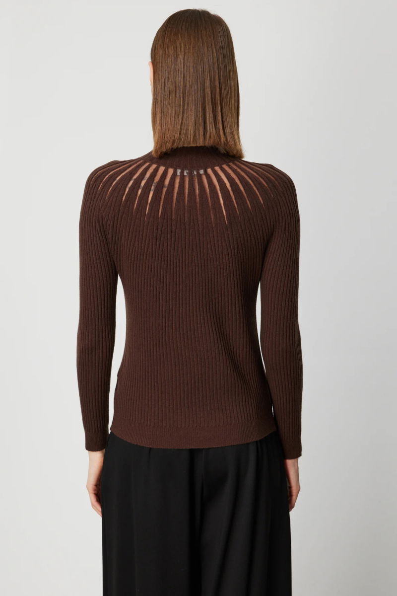 On Kadın Dik Yaka Tül Detaylı Triko Kazak 60384 Kahverengi - 4