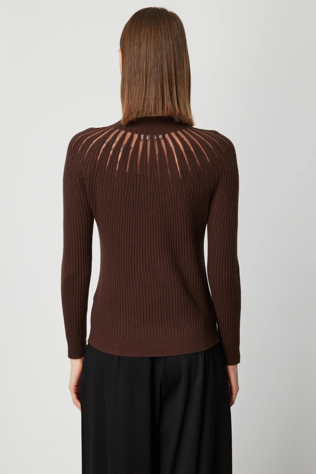 On Kadın Dik Yaka Tül Detaylı Triko Kazak 60384 Kahverengi - 4