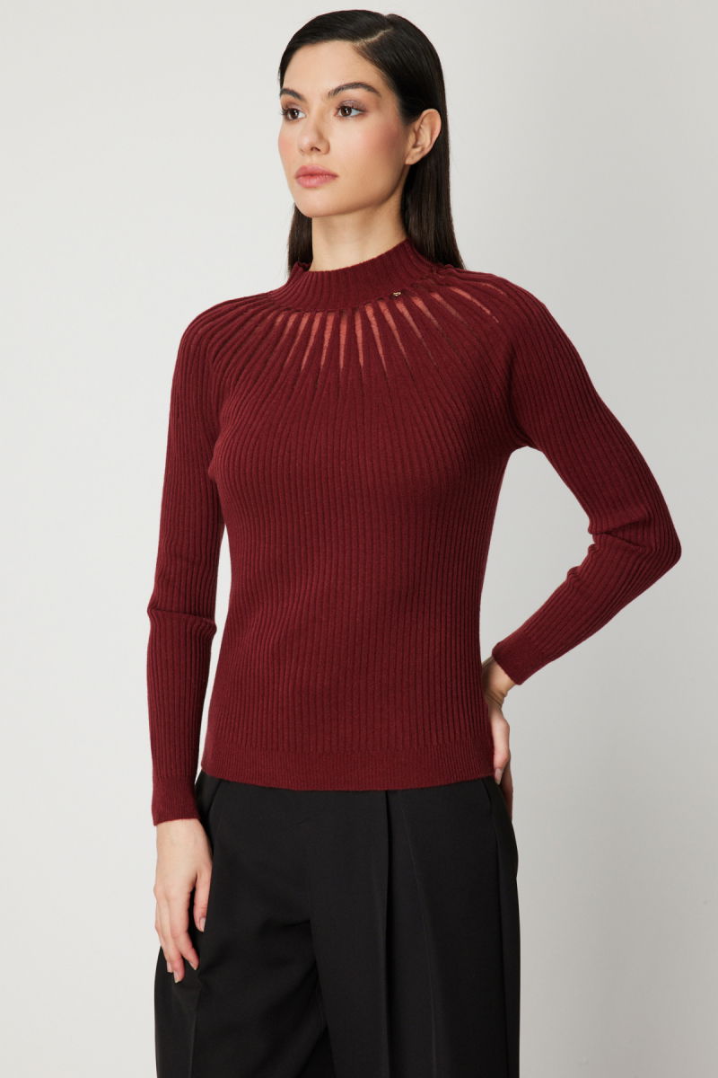 On Kadın Dik Yaka Tül Detaylı Triko Kazak 60384 Kırmızı 