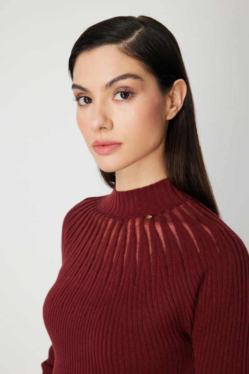 On Kadın Dik Yaka Tül Detaylı Triko Kazak 60384 Kırmızı - 2