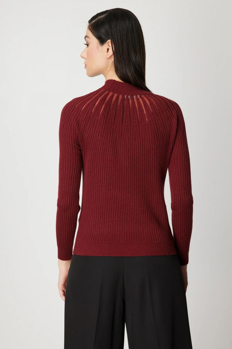On Kadın Dik Yaka Tül Detaylı Triko Kazak 60384 Kırmızı - 4