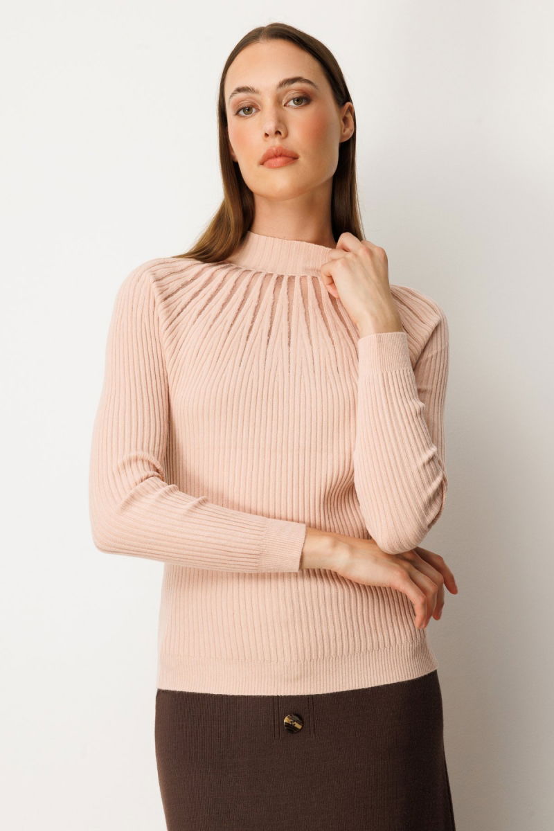 On Kadın Dik Yaka Tül Detaylı Triko Kazak 60384 Pembe - On