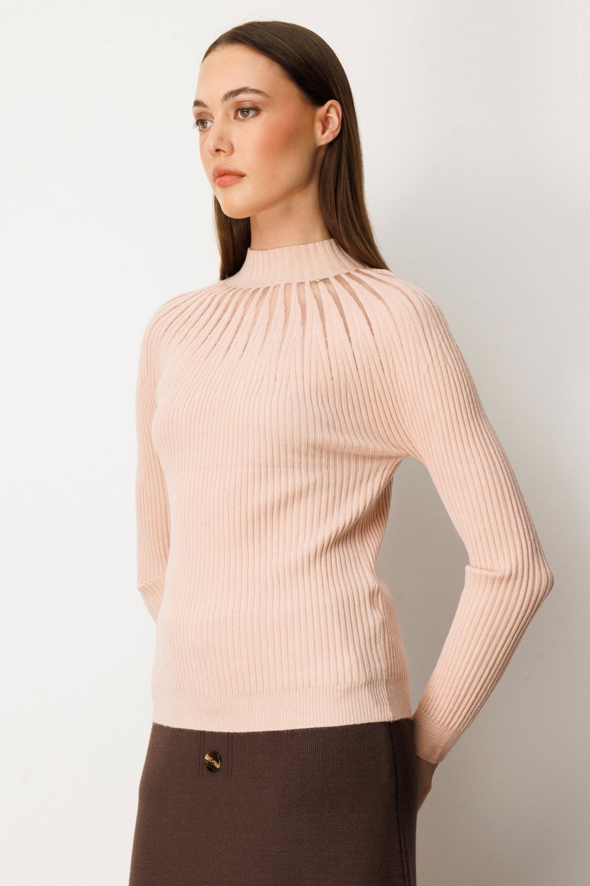 On Kadın Dik Yaka Tül Detaylı Triko Kazak 60384 Pembe - 2