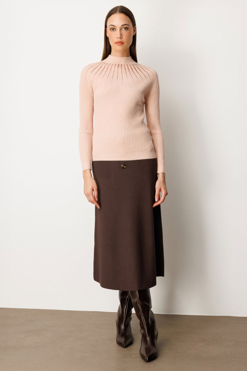 On Kadın Dik Yaka Tül Detaylı Triko Kazak 60384 Pembe - 3