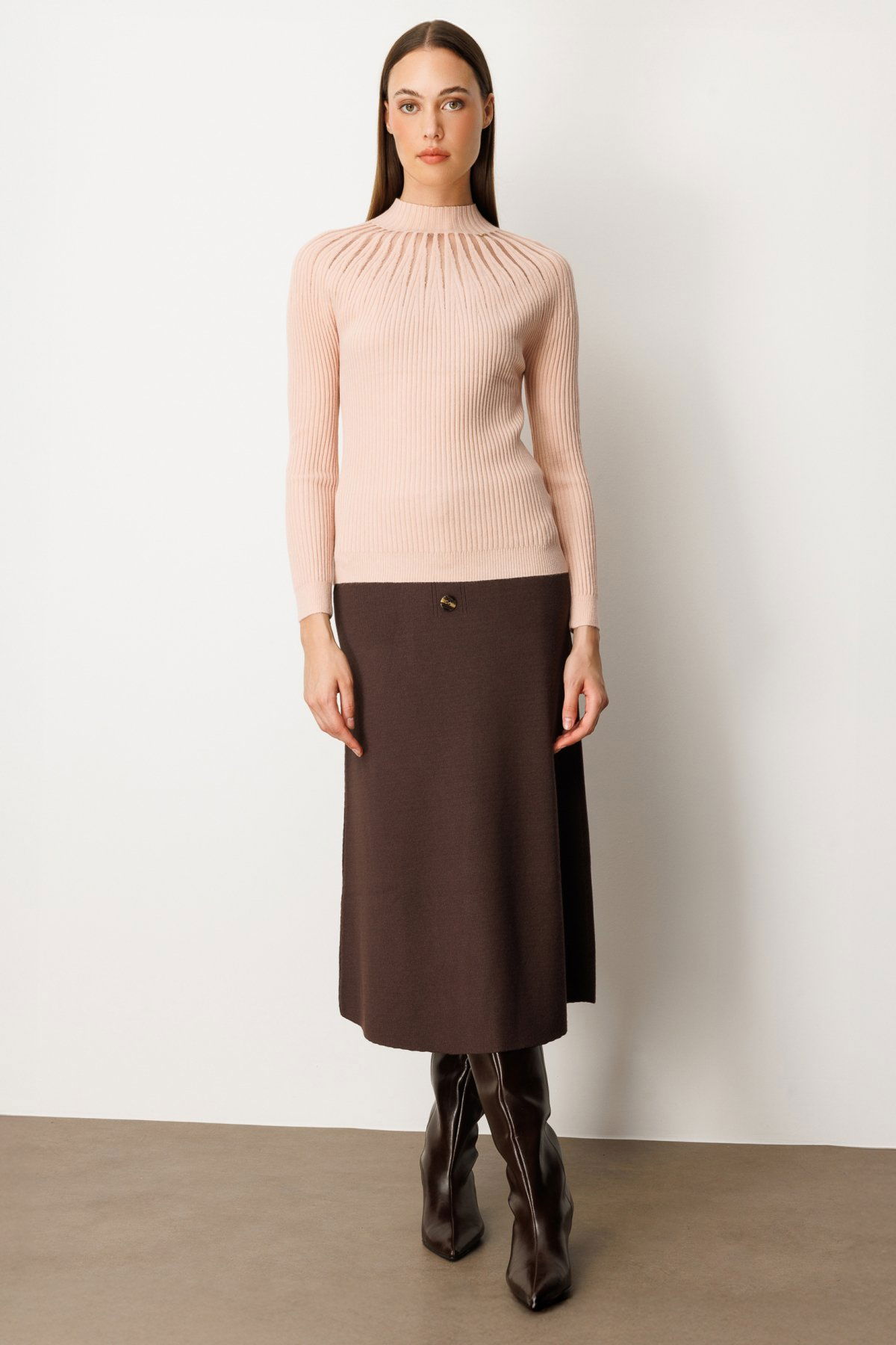 On Kadın Dik Yaka Tül Detaylı Triko Kazak 60384 Pembe - 3