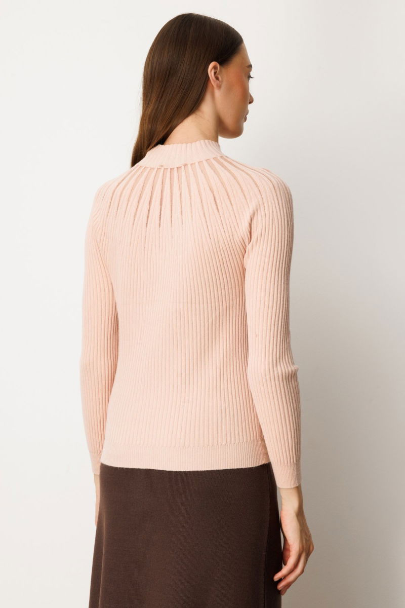 On Kadın Dik Yaka Tül Detaylı Triko Kazak 60384 Pembe - 4