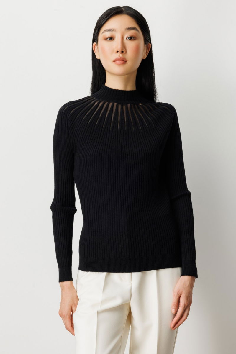 On Kadın Dik Yaka Tül Detaylı Triko Kazak 60384 Siyah - On