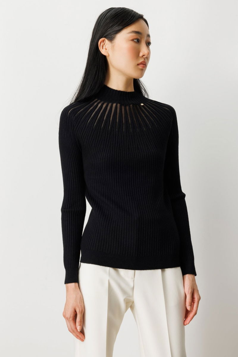 On Kadın Dik Yaka Tül Detaylı Triko Kazak 60384 Siyah - 2