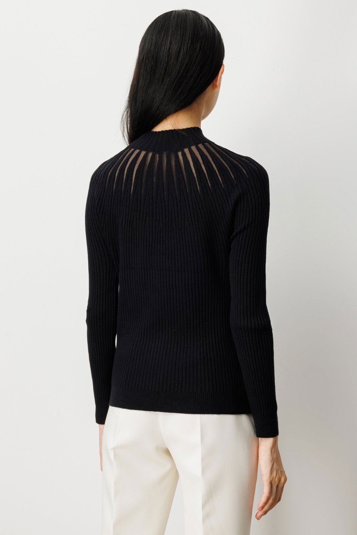 On Kadın Dik Yaka Tül Detaylı Triko Kazak 60384 Siyah - 4