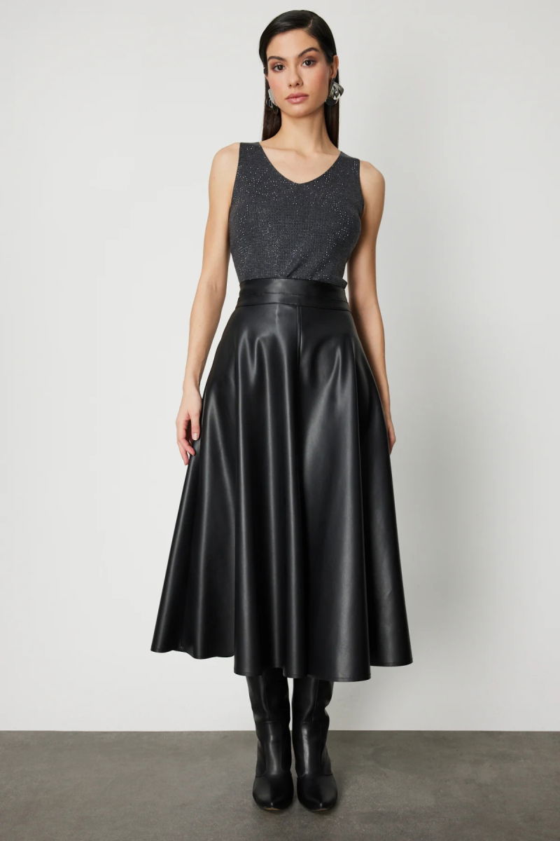 On Kadın Dikiş Detaylı Midi Boy Deri Etek 64218 Siyah - On