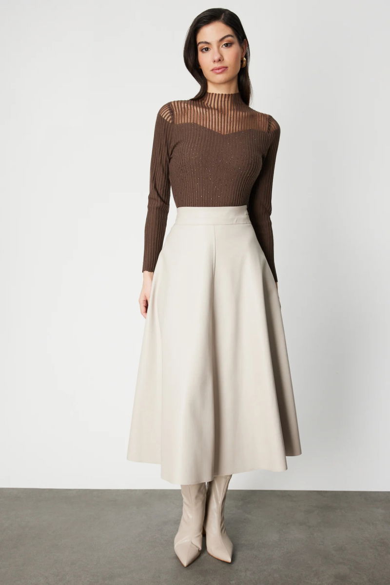 On Kadın Dikiş Detaylı Midi Boy Deri Etek 64218 Stone - On
