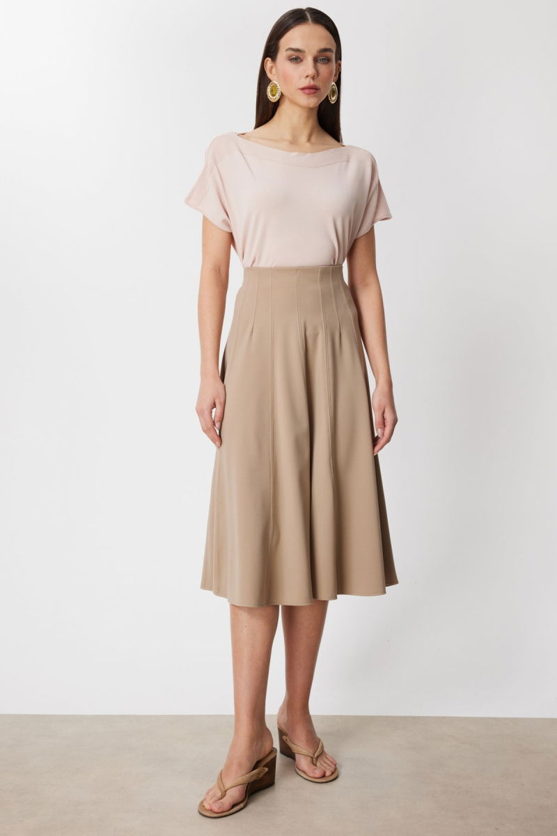 On Kadın Dikiş Detaylı Midi Boy Etek 74217 Bej - On