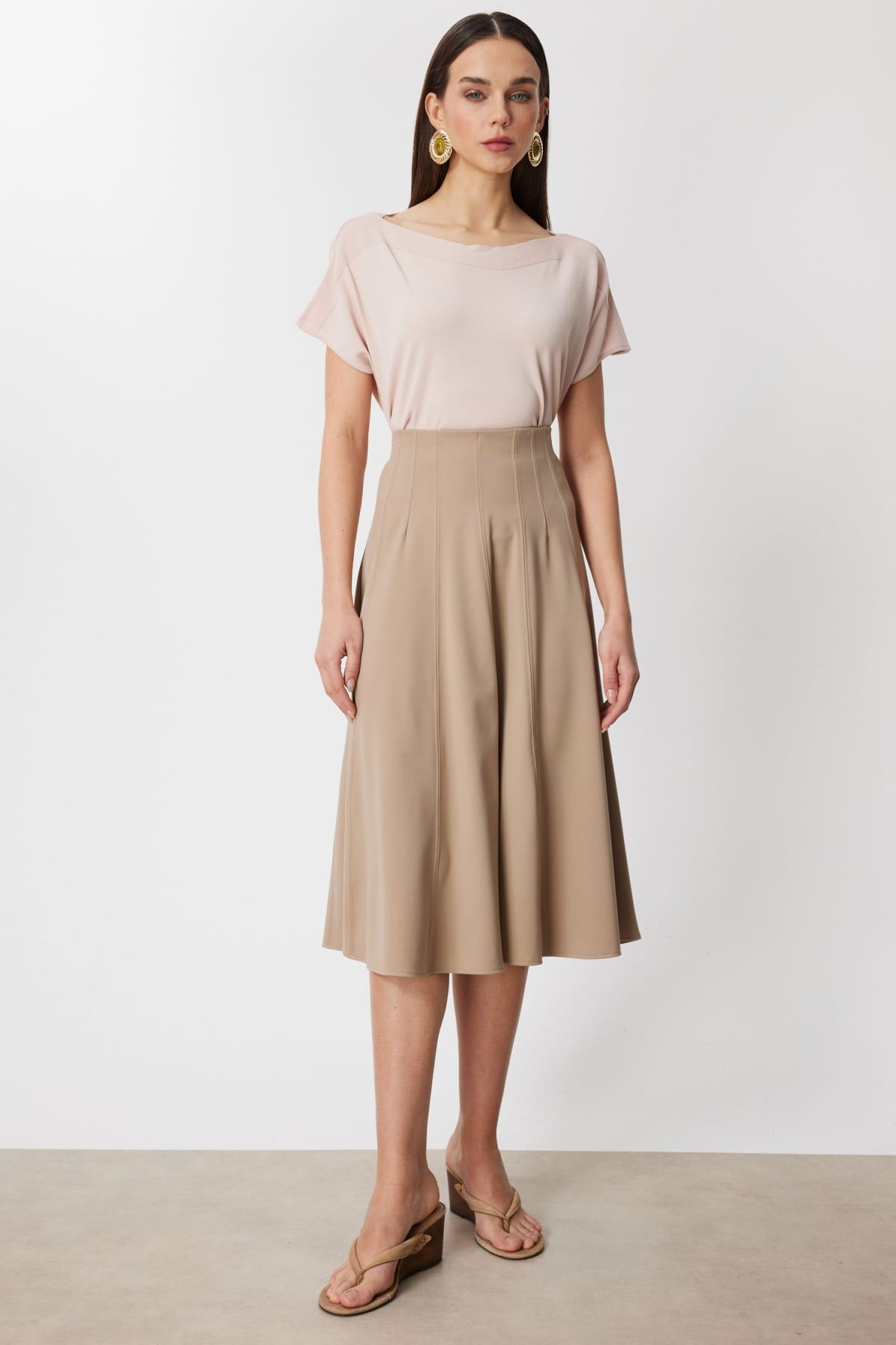 On Kadın Dikiş Detaylı Midi Boy Etek 74217 Bej - 1